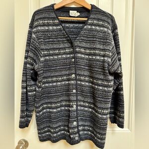 Les Tricots Boz International Blue/Black/Grey Wool Blend Striped Cardigan. 1X